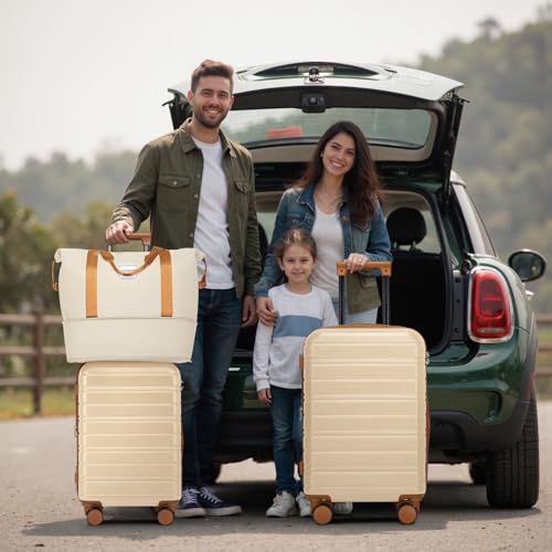 Luggage Sets 5 Piece Hardside Expandable Suitcase with Wheels Lock (Cream / 5 Piece Set (20/24/28/DB/TB))