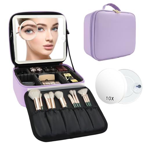 Travel Makeup Bag with LED Mirror and 10x magnifying glass with 3 Lighted Settings (Purple / With LED Mirror and 10x Magnifying Glass)