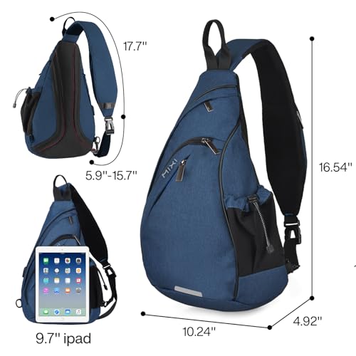 Sling Bag Men Backpack Unisex One Shoulder Bag Hiking Travel Backpack Crossbody with USB Port for Men Women Versatile Casual Daypack (Dark Blue-17")