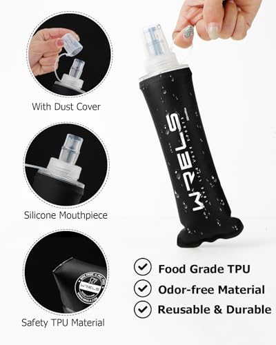 Folding Soft Flask Portable Collapsible Running Lightweight Water Bottle for Outdoor Sports (500ml/16.9oz-2 Pack-Black)