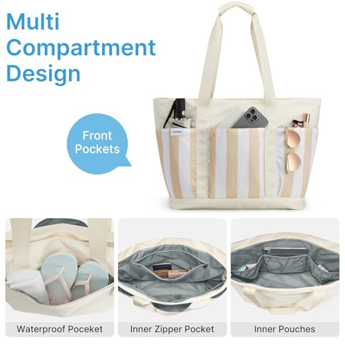 Beach Bag Waterproof Beach Tote Pool Bags for Women (Brown Stripes / 35L)