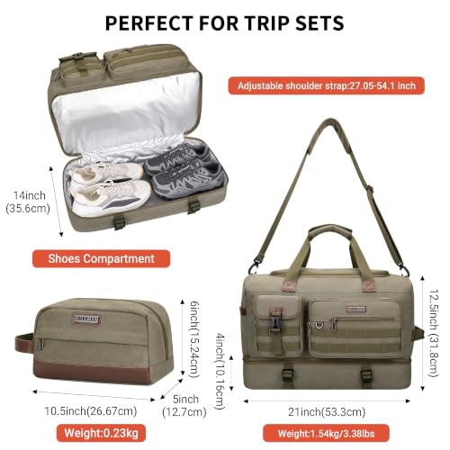 Duffle Bag for Men 60L Travel Canvas Weekender with Toiletry Bag (Army Green)