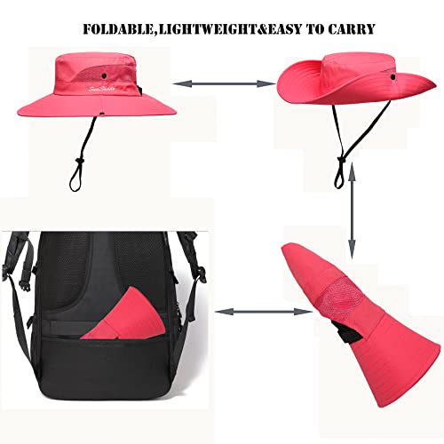 Womens Summer Sun Hat Beach Hat Wide Brim Outdoor UV Protection Hat Foldable Cool Mesh Ponytail Bucket Hat (6-7 / Watermelon Red))