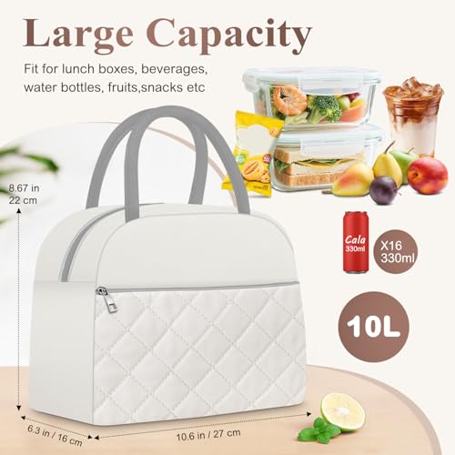 Lunch Box for Women Adult Men Insulated Cute Quilted Lunch Bag Women Reusable Large Lunch Tote Bag Leakproof Simple Cooler Bag for Work Office Picnic Beach or Travel (B-Beige White / Medium - 10L)