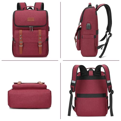 Vintage Backpack Travel Laptop Backpack with usb Charging Port for Women & Men College Backpack Fits 15.6 Inch Laptop Red Brown (Red&brown)