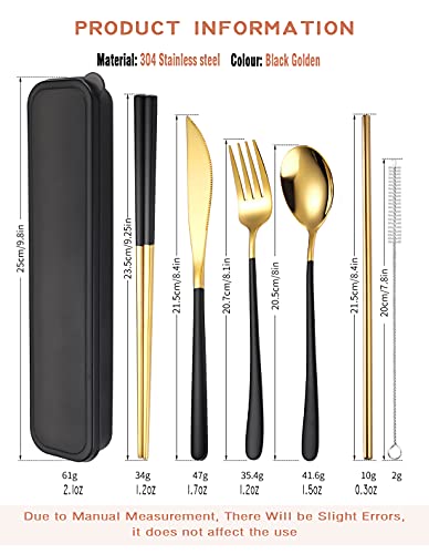 6 Pieces 18 8 Stainless Steel Flatware Set Portable Reusable Cutlery Set Travel Utensils Set Including Chopsticks Knife Fork Spoon Straws Cleaning Brush Dishwasher Safe (Black golden)