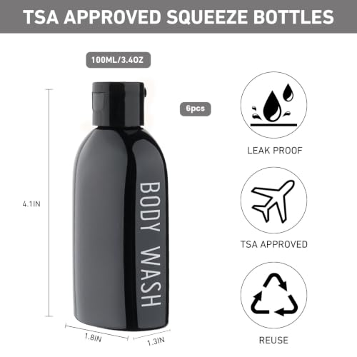 Travel Bottles for Toiletries 6 PCS 3.4oz Plastic Bottles Black (Black)