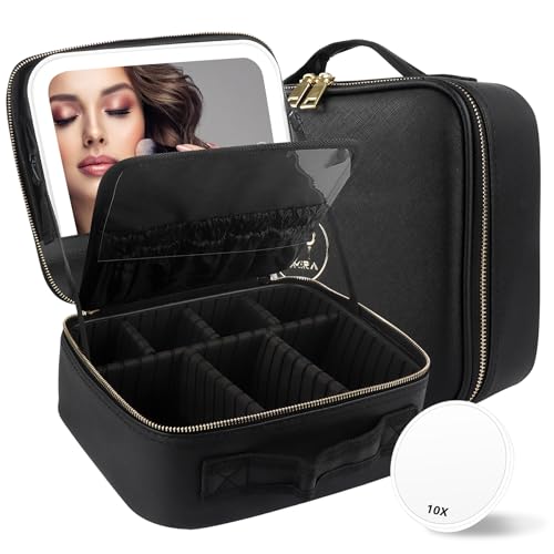 Rechargeable Travel Makeup Vanity Mirror with Partitionable Cosmetic Bag (Black / Smooth)