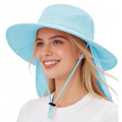 UPF 50+ Wide Brim Sun Hat with Neck Flap (1pack-blue)