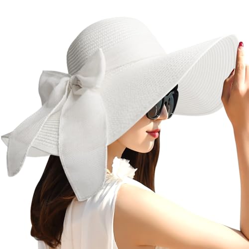 Womens Big Bowknot Straw Hat Foldable Sun Hats Floppy Beach Hat Large Roll up Cap UPF 50+ (White / 5.5" Brim, 1 Pack)
