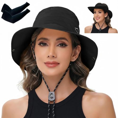 Sun Hats for Women Bucket Hat UV Protection Fishing Hat Wide Brim Safari Hats 2 in 1 Zip (With One Pair Cooling Sleeves-1pack-black)