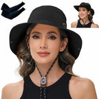 Sun Hats for Women Bucket Hat UV Protection Fishing Hat Wide Brim Safari Hats 2 in 1 Zip (With One Pair Cooling Sleeves-1pack-black)