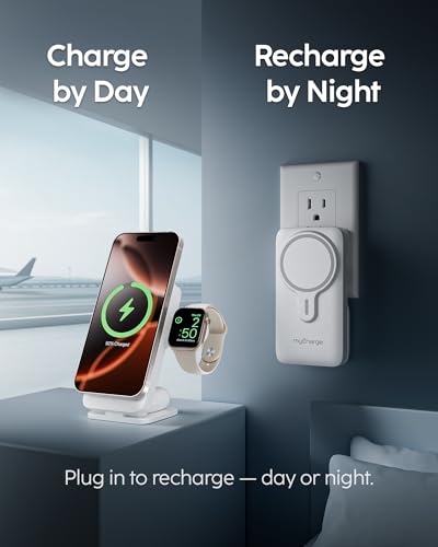 EcoHub 3-in-1 Magnetic Wireless Charger & Battery Pack for iPhone, iWatch, AirPods - 6,000mAh Battery | Built-in Wall Plug | 15W Magsafe Wireless Output | Foldable | Charging Station | White (White)