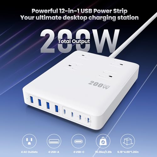200W USB C Charging Station Power Strip with Cord and Plug (White / 200W)
