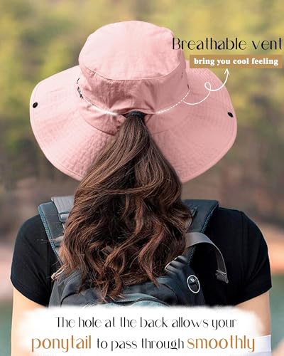 Sun Hats for Women Ponytail Wide Brim Summer Packable Cowboy Hat (One Size / Pink)