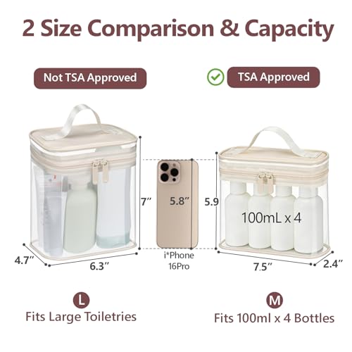 Clear Makeup Bag for Travel (Bright Beige / Mixed Size Series (1 Medium + 1 Large))