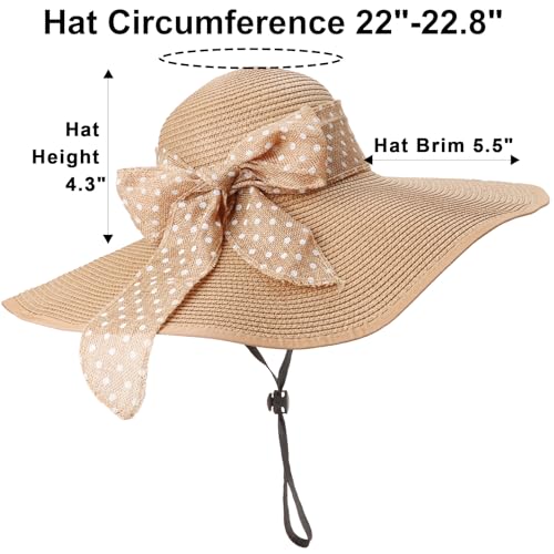 Wide Brim Sun Hat for Women Floppy Straw Hat Summer Beach Hats Fashionable Trendy Hats Sun Protection UPF 50+ (1 Pc：khaki+white Dot Hat, 4.7" Brim)