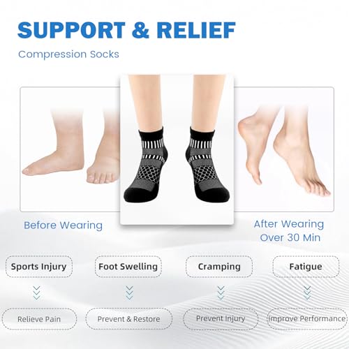 Ankle Compression Socks Women Men Plantar Fasciitis Relief 3 Pairs (Small / Black+white+d Grey(5 Pairs))