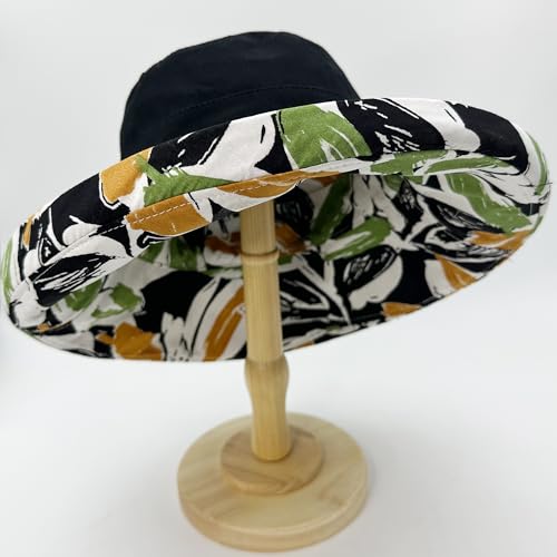 Womens Sun Hats Wide Brim Reversible Bucket Cotton Hat Packable Summer Travel Cap with Hat Clip (Medium / Black2)