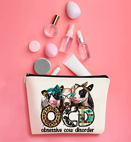 Western Makeup Bag OCD Obsessive Cow Disorder Funny Cows Print Farmhouse Heifers Cosmetic Bag Gifts for Girl Cows Lover (A)