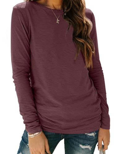 Long Sleeve Shirts for Women Casual Crewneck Tops Basic Tees (3X-Large / 01wine Red)