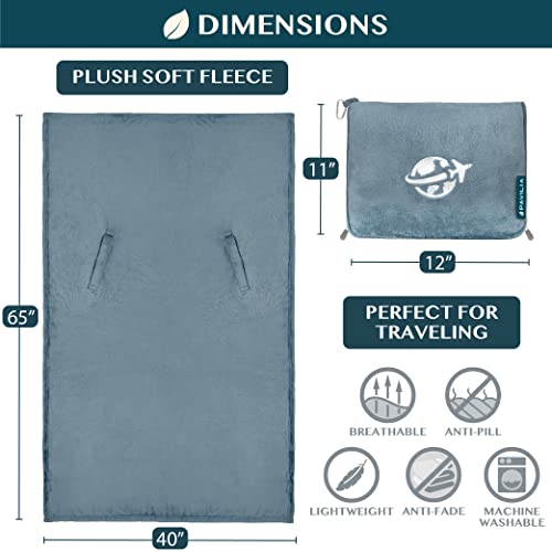 Compact 2-in-1 Travel Blanket Pillow for Airplane Flight, Blue (Dusty Blue / 65 x 40 inches)
