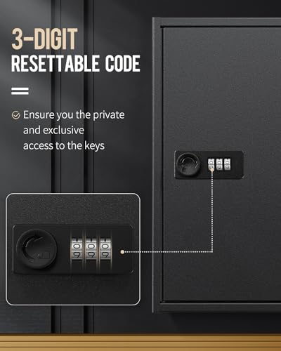 40 Position Key Cabinet with Combination Lock Resettable Black Digital Security Storage Box Steel Key Organizer with Adjustable Racks Colorful Key Tag Labels and Hooks (Black / 40 Keys)