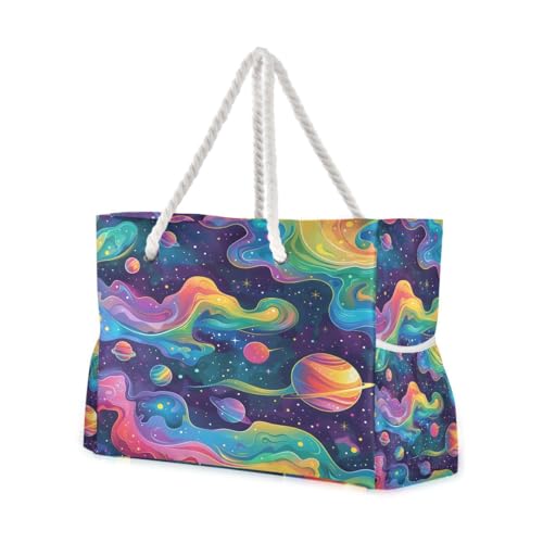 Large Beach Bags Totes Canvas Tote Shoulder Bag Soft Wave Water Resistant Bags for Gym Travel Daily Ocean (Rainbow Planet Dream)