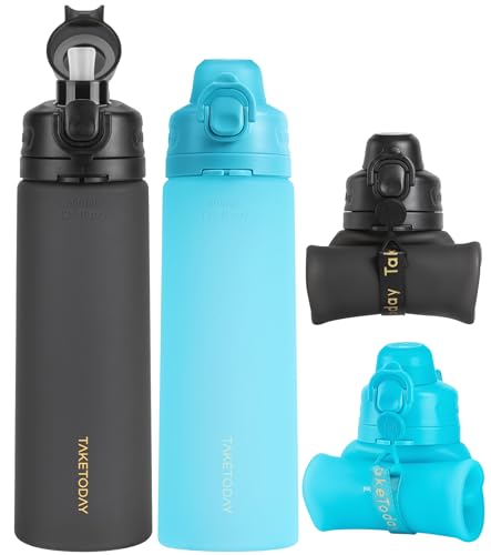 Collapsible Water Bottles with Straw for Travel (Black&Ocean)