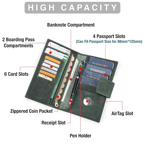 Top Grain Leather Travel Passport Wallet Holder for Man & Woman (For 4 Passports-Snap Button Style / For AirTag-Matte Dark Green)