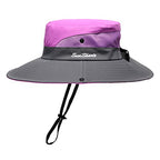 Womens Summer Sun Hat Beach Hat Wide Brim Outdoor UV Protection Hat Foldable Cool Mesh Ponytail Bucket Hat (6-7 / Purple-gray)