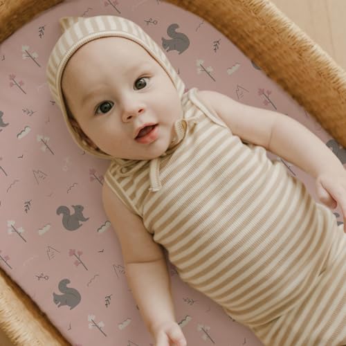 Stretch Fitted Bassinet Sheet Set BROLEX 2 Pack Cradle Sheets for Bassinet Pad (Squirrel Deer / 32x16 Inch)