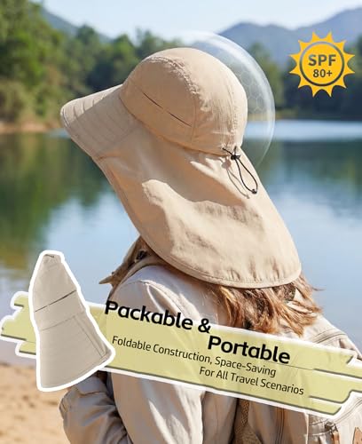 UPF 80+ Sun Hat for Men Women Wide Brim Sun Hat with Neck Flap Summer Safari UV Protection Gardening Fishing Hat Khaki (Khaki)