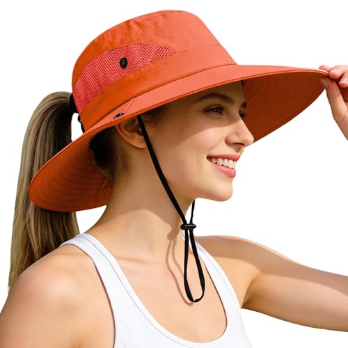 Ponytail Sun Bucket Hats for Women UV Protection Foldable Wide Brim (1 Pack-pure Orange)