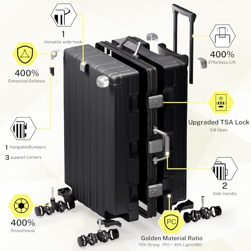 Zipperless Luggage 28inch Checked Hard Shell Suitcases with Wheels (Black / Large (28 Inch))