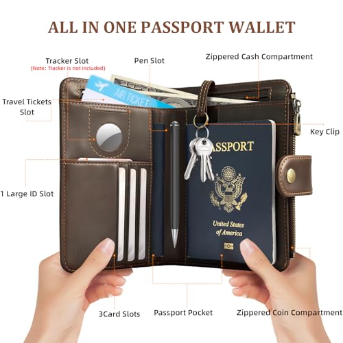 All in One RFID Passport Wallet with Tracker Slot (Dark Brown)