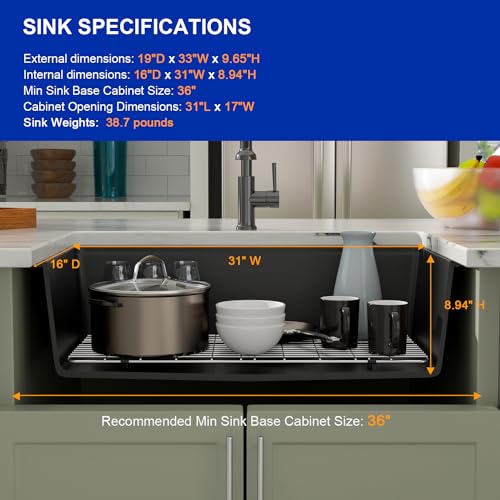 Matte Black Quartz Kitchen Sink 33” Undermount Single Bowl (Black-Workstation / 33"x19")