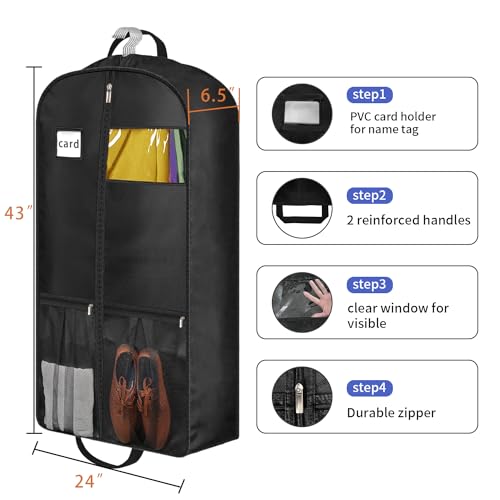 6.5" Gusseted Heavy Duty Garment Bags for Travel 43" Suit Bags for Closet Storage Hanging Clothes Bag with Pockets Mens Suit Holder for Shirts (43"L x 6.5"G (2-Pack))