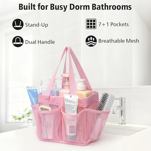 Mesh Shower Caddy Portable (1 Pack Pink with Rigid Base / S (Self-Standing Caddy Basket))