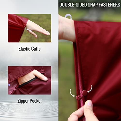 Adult Rain Poncho Waterproof Hooded Zipper Raincoat with Pockets (One Size / Gradient Burgundy)
