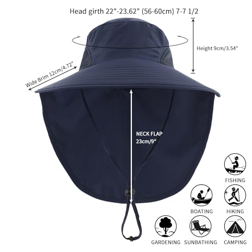 UPF50+ Mens Sun Hat Wide Brim Mesh Fishing Hat with Neck Flap UV Protection Hat for Gardening Golf Navy Blue (Large-X-Large / Navy Blue)