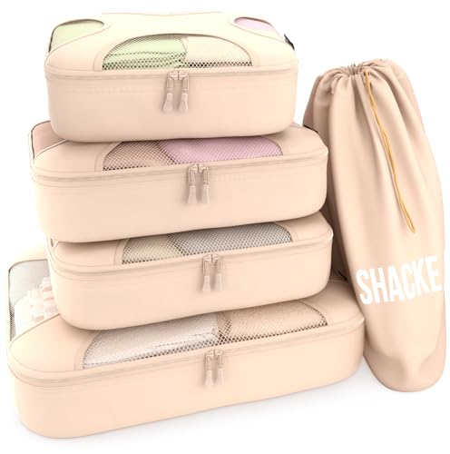 5 Set Packing Cubes for Travel with Laundry Bag (5 Set - Cream / Set of 5)