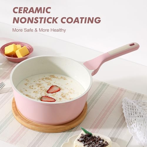 2.5 QT Ceramic Nonstick Saucepan with Lid (Sakura Pink / 2.5 Quarts)