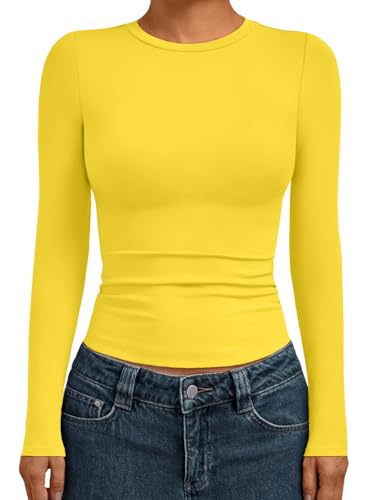 Womens Long Sleeve Shirts Basic Compression Tops Yellow XS (X-Small / Yellow)