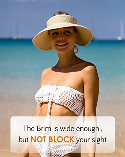 Womens Sun Hat with Ponytail Hole Wide Brim Beach Straw Visor (Medium / 06-mix Beige)