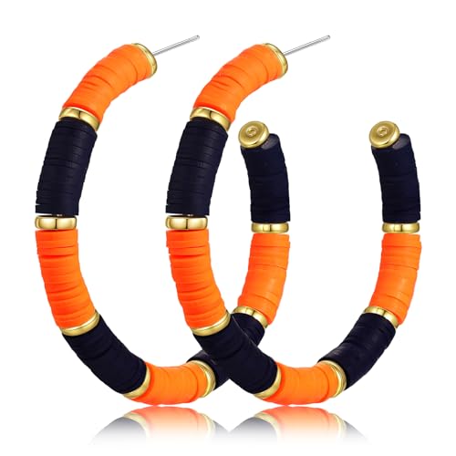 Game Day Earrings Football Baseball Earrings for Women Sports Team Heishi Hoop Earring Football Accessories Outfits Cheer Mom Essentials Fall Sports Must Haves Cheer Gifts (Orange Navy)