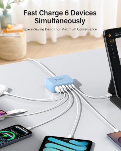 USB Fast Charger Block 50% Smaller 100W Max 6 (Light Blue / 100W)