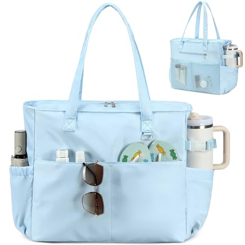 Waterproof Beach Tote Pool Bags for Women Ladies Extra Large Tote Bag Carryall Bag With Wet Compartment Fit 40oz Tumbler Holder Gym Travel Bag for Cruise (New Blue)
