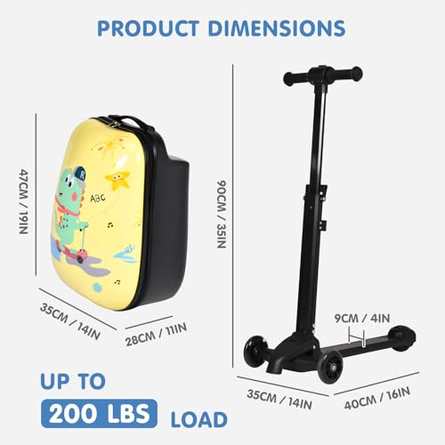 4-in-1 Dinosaur Scooter Luggage for Kids, Detachable Ride-On Suitcase (Yellow / 22-inch)