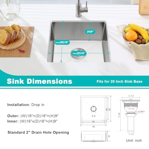 18 x 18 Inch Undermount Kitchen Sink (Brushed / D18"xW18"xH9")